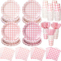 Yaomiao 168 Pcs Pink Gingham Plates and Napkins Pink Princess Party Decor Pastel Gingham Paper Plates Cups Napkin Plastic Knife Fork Spoon Serve 25 Guests Wedding Baby Shower Birthday Party Supplies
