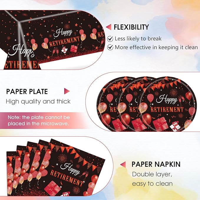 41PCS Retirement Party Supplies,Black Red Happy Retirement Party Decorations for Women Retired Paper Plates and Napkins Plastic Tablecloth for Women Going Away Disposable Dinnerware Set