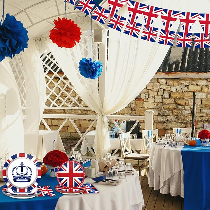 chiazllta 96 Pcs Britain UK England Flag Birthday Party Paper Plate and Napkins British Flag Party Supplies Tableware Union Jack Party Decorations Paper Plate Napkin Fork for Party Favors 24 Guests