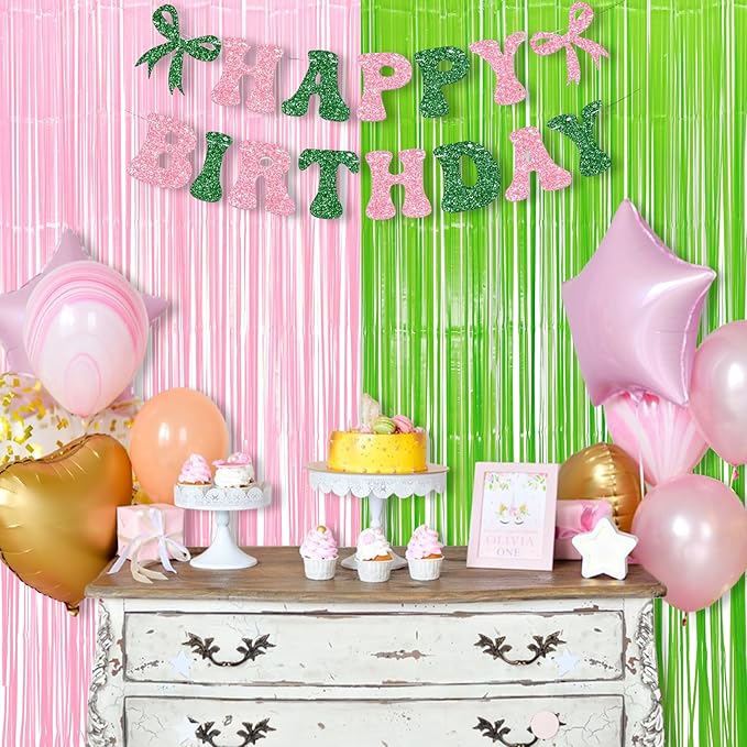 BRAVESHINE Party Streamers Backdrop - 2 Pack 3.2ft X 8.2ft Tinsel Foil Fringe Curtains for Margarita/Witch/Luau/Princess/Fairy/Girl/Birthday/Wizard/Photo Booths/Pink and Green Party Decorations