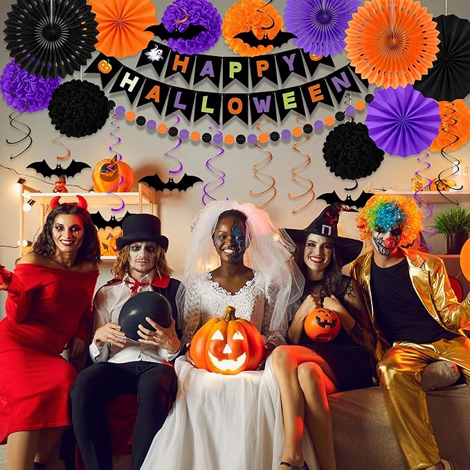 26PCS Halloween Party Decorations, Purple Black Orange Paper Fans Set, Halloween Pompom Banner Garland Fans Hanging Swirls for Trick or Treat Party Decor Accessories Indoor Outdoor Home Decorations