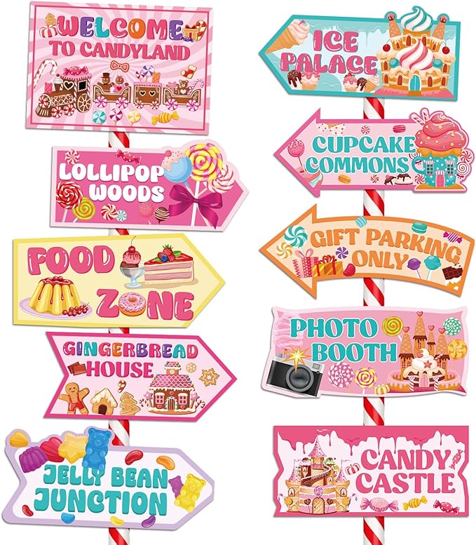 Candyland Party Decorations Signs, 20PCS Welcome Candy Land Birthday Decor Sweet Candy Theme Party Supplies for Women Girls, Street Arrow Directional Signs Christmas Decor Indoor Outdoor