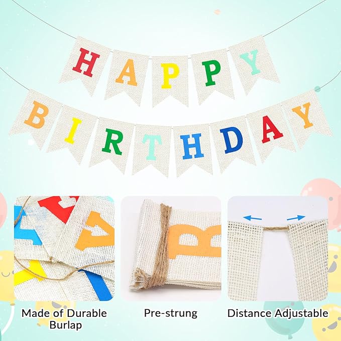Burlap Happy Birthday Banner, Colorful Assembled Happy Birthday Banner Sign Garland for Boys Girls Rustic Party Decorations