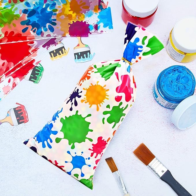 Lecpeting 100 Pcs Artist Paint Treat Bags Colorful Paint Splatter Print Cellophane Candy Bags Art Painting Party Favor with Twist Ties for Artist Painting Theme Birthday Party Supplies