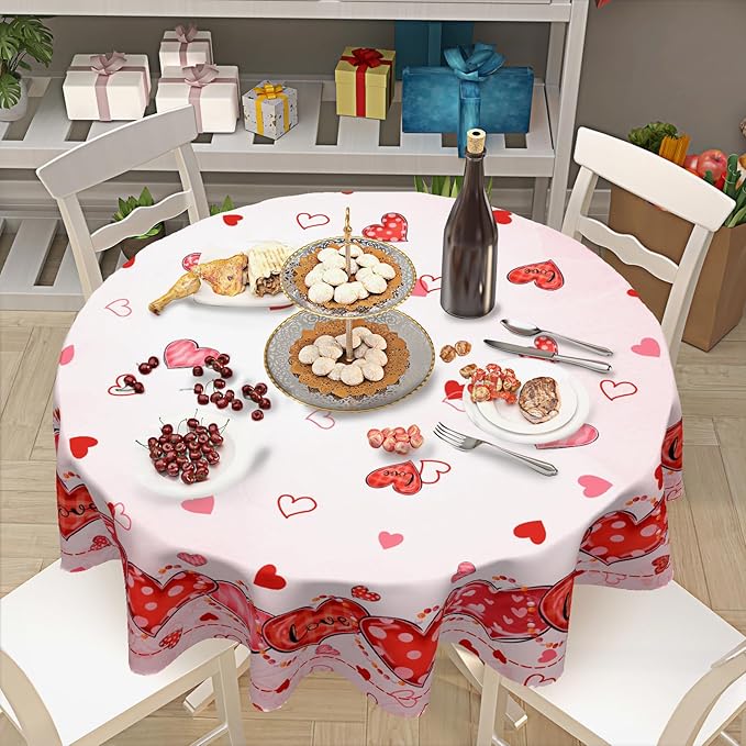 Valentine's Day Tablecloth Round 70 Inch Pink Love Hearts Table Cloth Farmhouse Valentines Table Cover for Kitchen Dinner Room Holiday Party Indoor Outdoor Home Valentine Decor