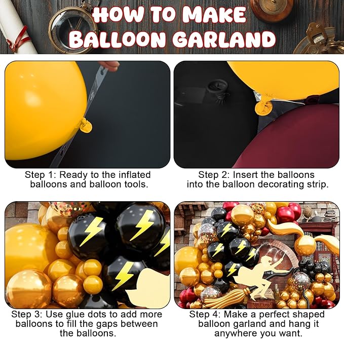 144PC Magic Balloons Arch Kit, Burgundy Black Gold Balloon Garland with DIY Broom Golden Sphere Foil Balloons, Maroon Mustard Yellow Confetti Balloon for School Birthday Decorations Party