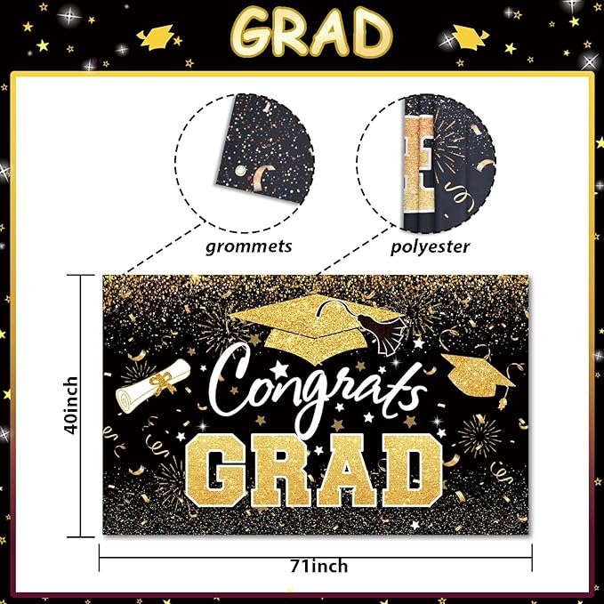 Graduation Party Decorations - Black Gold Congrats Grad Class of 2026 Backdrop Banner Large Sign Wall Decorations Photography Background Party Supplies for 2026 Graduation Party Decorations