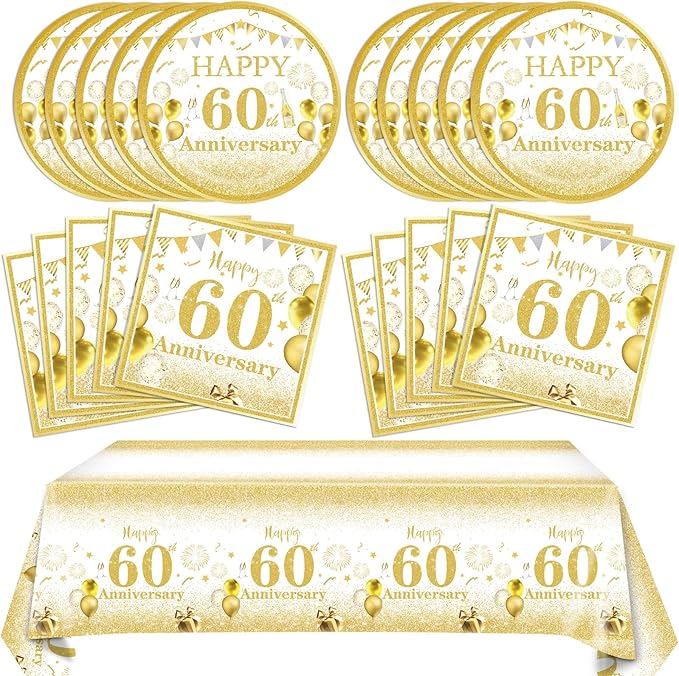 41 PCS Gold Birthday Decorations 60th Party Tableware 1964 60th Theme Birthday Party Table Decoration Supplies Cheers to 60 Years Paper Plate Napkin Tablecloth for Men Women 60th Birthday Anniversary