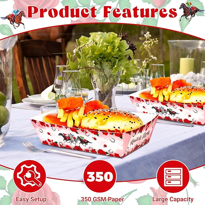 50 PCS Derby Snack Trays, Run for The Roses Large Capacity Paper Food Trays, Kentucky Disposable Plates Derby Decorations, Horse Party Decorations for Party Supplies Table Decor