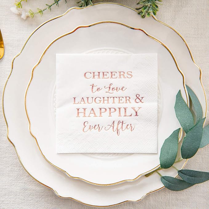 Crisky 50 Count Bridal Shower Napkins Disposable Cocktail Napkins 3-Ply Rose Gold Foil Text Beverage Napkins for Engagement Party Decorations & Wedding Shower