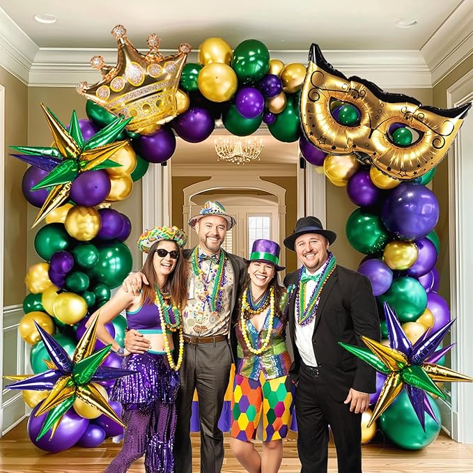 Mardi balloon garland arch kit 130pcs Purple green gold with golden confetti balloons Mylar star Crown and Crown Mask Balloons for Gorgeous Funny Grand Fat Tuesday Party decorations
