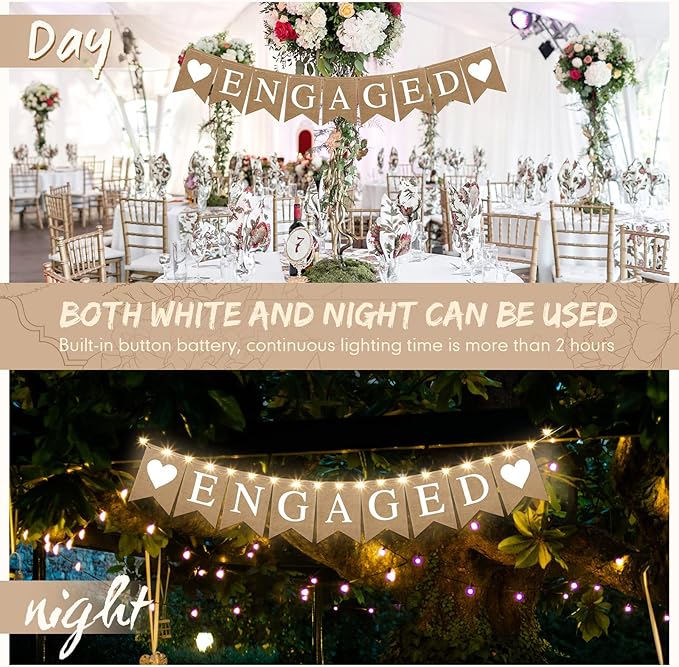 Engagement Party Decorations Engaged Banner Heart Burlap Rustic Bunting Garland LED Fairy Lights Battery Operated String Lights for Congratulations Engaged Party Outdoor Tree Decorations Wedding