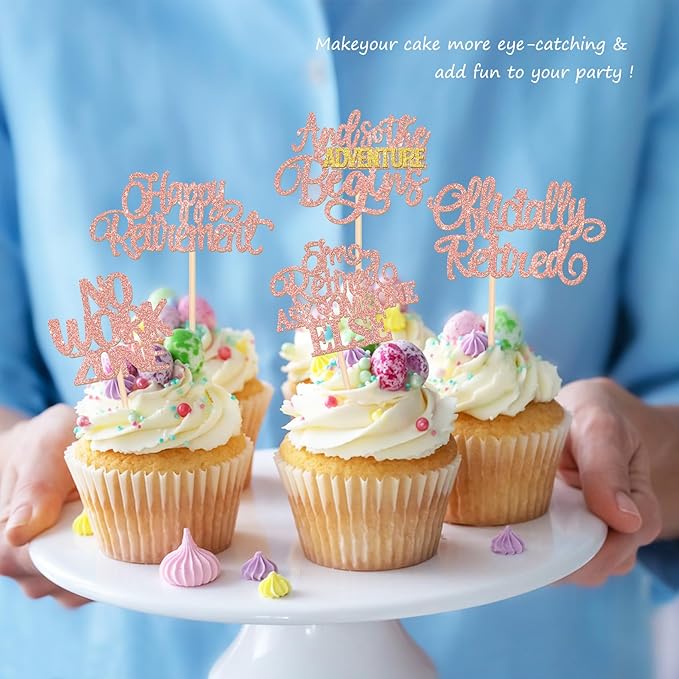 30 PCS Happy Retirement Cupcake Toppers Officially Retired Cake Toppers No Work Zone Adventure Begins Cupcake Picks for Retirement Theme Farewell Birthday Party Decorations Supplies Rose Gold