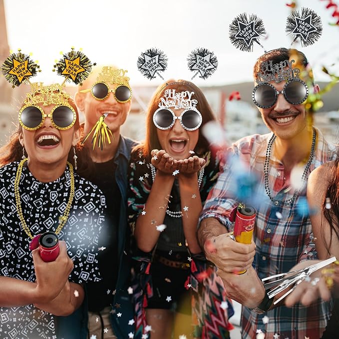 2026 New Years Eve Party Supplies for Guests Happy New Year Headbands Hats Noise Makers Glasses Necklace