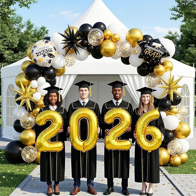 Graduation Balloons Garland Arch Kit, Graduation Balloons Class of 2026, Black and Gold White Latex Balloon with Foil Balloon for Class of 2026 Party Decor
