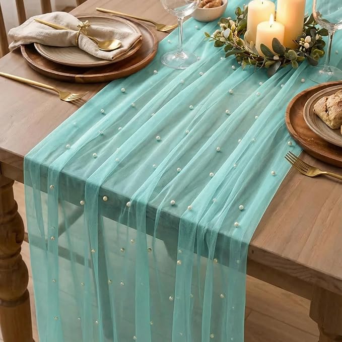 Artoid Mode Pearl Turquoise Gauze Table Runner 120 Inch 10FT, Seasonal Sheer Dining Holiday Wedding Birthday Baby Shower Table Decor for Home Party