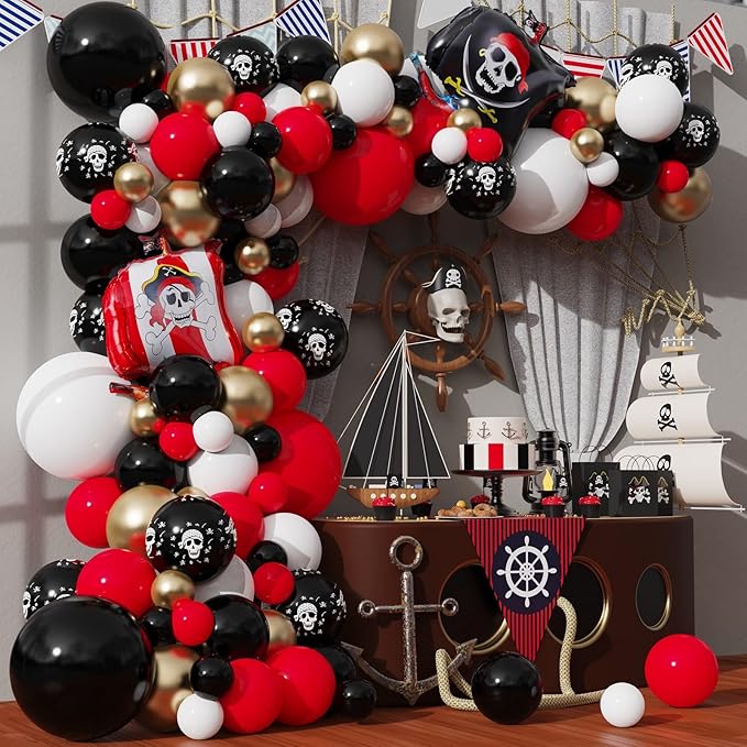 120pcs Pirate Balloon Garland Kit, Red Black White Skull Metallic Gold Balloons Arch for Pirate Ship Theme Sea Sailing Graduation Halloween Baby Shower Boys Birthday Party Decoration Supplies