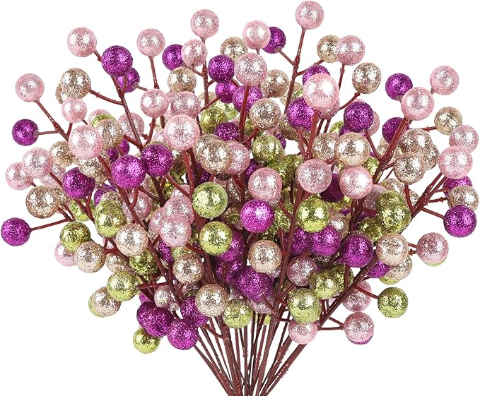 HOHOTIME 24 Pack Artificial Berry Stems Branches, Christmas Faux Champagne Pink Lime Purple Holly Colorful Berries Branch Ornaments for Christmas Tree Wreath DIY Craft Decorations Holiday Home Decor