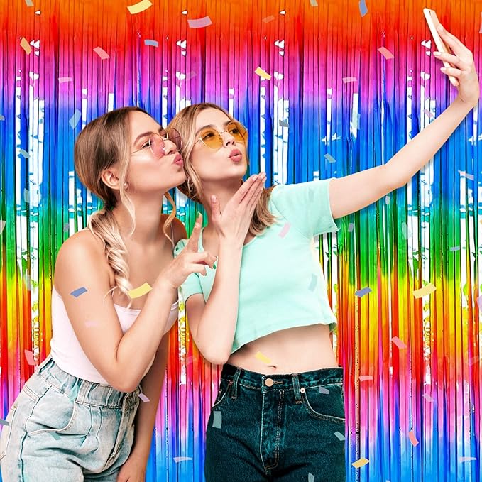3 Pack Dark Rainbow Foil Fringe Curtain Backdrop, 3.28Ft x 6.6Ft Metallic Tinsel Foil Fringe Streamer Curtains for Photo Booth, Christmas Day, Thanksgiving, Wedding, New Year Party Decorations