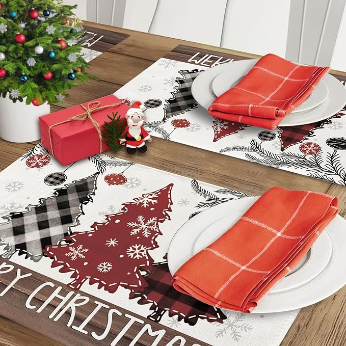 Merry Christmas Tree Placemats Set of 4, Xmas Red Black Buffalo Plaid Snowflake Farmhouse Dining Place Mats Table Decor, Rustic Winter Holiday Balls Home Kitchen Decoration 12 x 18 Inches