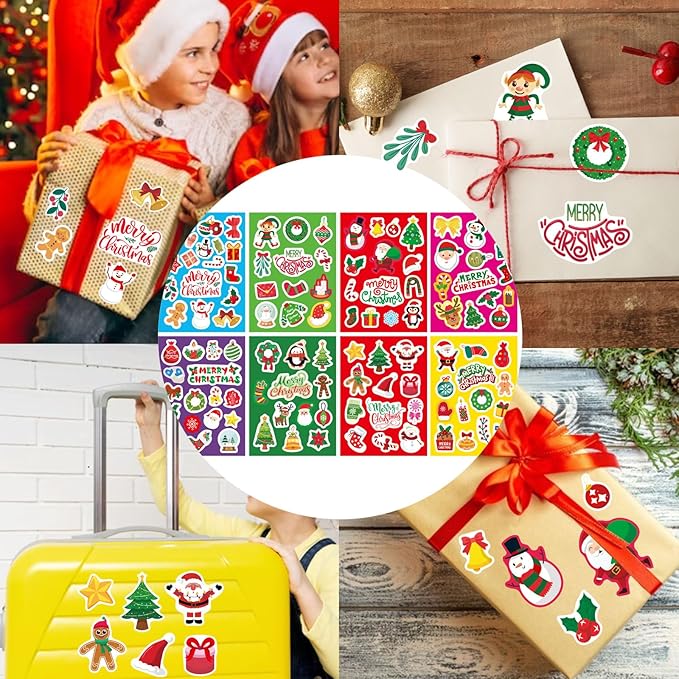 Christmas Stickers for Kids, Merry Christmas Theme Stickers Non-Repeating, Xmas Winter Holiday Party Favor, Stocking Stuffer for Kids, Xmas Gifts Decorations
