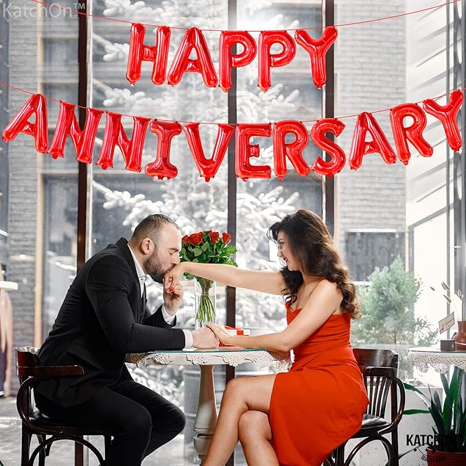 KatchOn, Red Happy Anniversary Balloons Banner - 16 Inch | Happy Anniversary Decorations | Red Happy Anniversary Backdrop