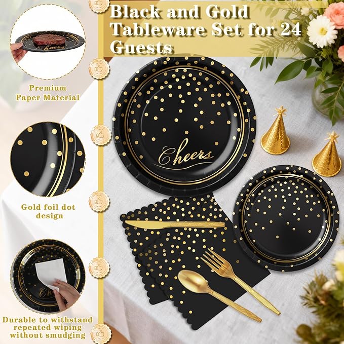 Black Gold Paper Plates and Napkins Party Supplies for 24 Guests, 168 Pcs Disposable Paper Plates with Utensils Set for Black and Gold Graduation Birthday Anniversary Retirement Party Decorations