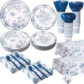 352 Pcs Blue Floral Disposable Tableware Set Vintage Flower Party Supplies Set for 50 Guests Tea Party Disposable Dinnerware Includes Plates Napkins Cups Cutlery for Wedding Bridal Shower