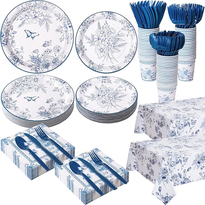 352 Pcs Blue Floral Disposable Tableware Set Vintage Flower Party Supplies Set for 50 Guests Tea Party Disposable Dinnerware Includes Plates Napkins Cups Cutlery for Wedding Bridal Shower