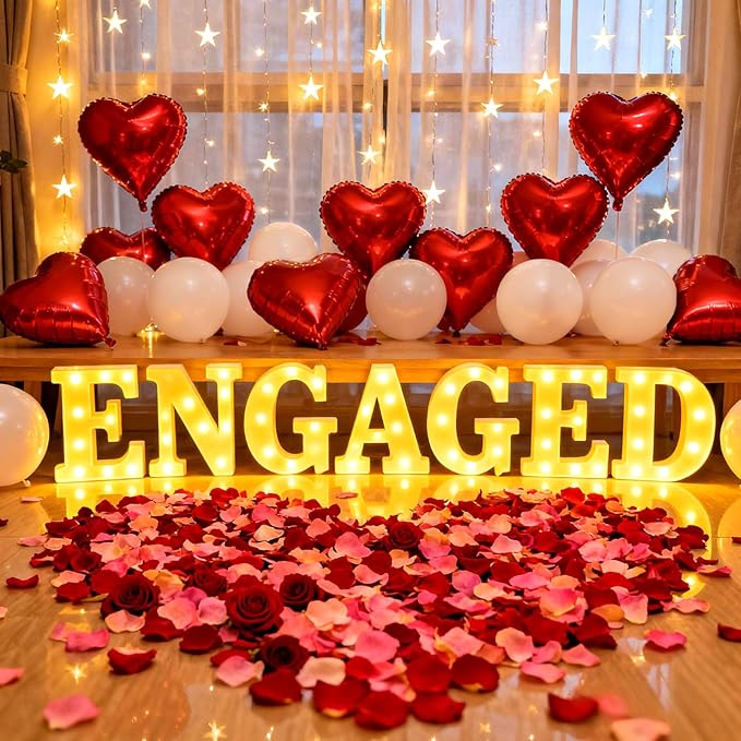 Engagement Party Decorations, Engaged LED Light Up Letters, With Rose Petals, Aluminum Balloons, Round Pearlescent Balloon, Double Sided Tape, for Wedding Engagement Bridal Shower Engaged Party Decor