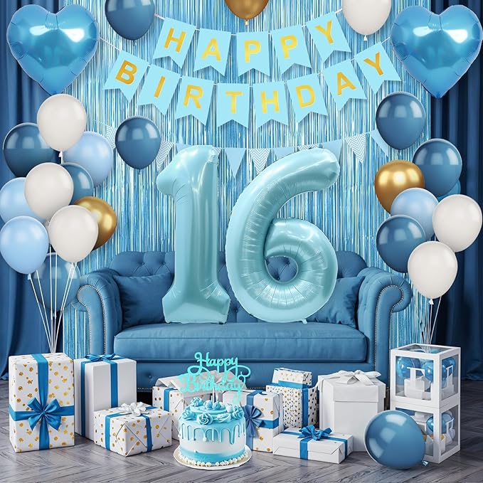 16th Birthday Decorations Blue White Gold,16th Birthday Balloons with Happy Birthday Banner Fringe Curtain Heart Foil Balloons for Boys Girls 16 Year Old Birthday Decor