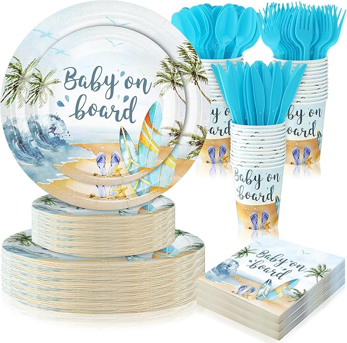 350 Pieces Baby on Board Party Decorations Supplies Tropical Summer Beach Party Tableware Set Baby Shower Party Dessert Plates Napkins Forks for 50 Guests