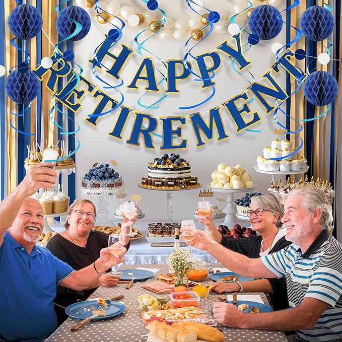 Retirement Party Decorations Kit for Women Men - 16-Piece Elegant Blue Set with Pre-Strung Banner, Honeycomb Balls, Swirls & Garland | Instant Setup Party Decor | Retirement Gifts & Supplies