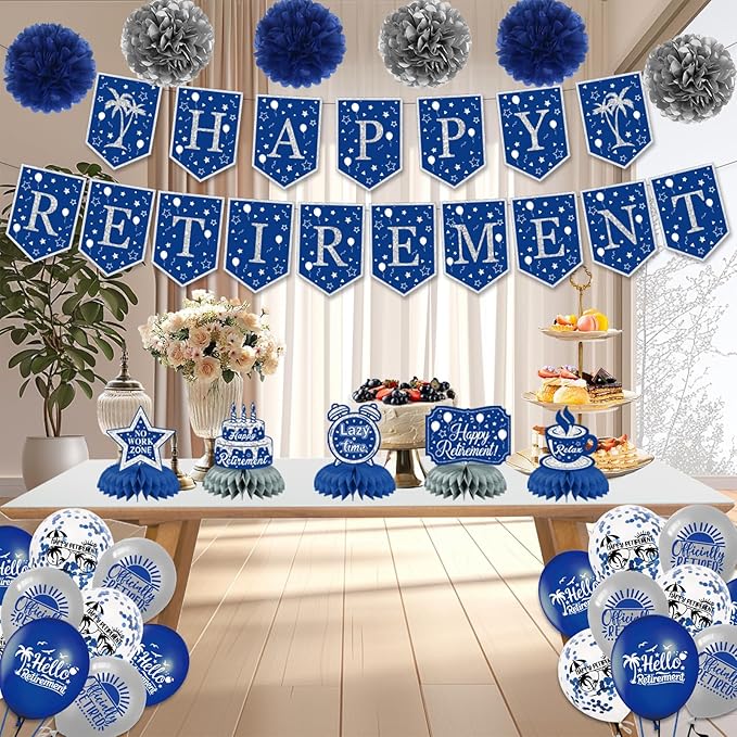 Happy Retirement Party Decorations for Men Women,Blue Silver Retirement Decorations,Happy Banners,Balloons Honeycomb Centerpieces,Paper Pompoms,Office Yard Sign Farewell Party Supplies