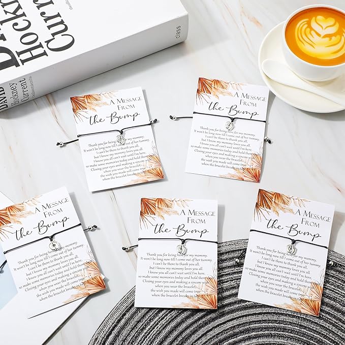 Thyle 50 Set Boho Baby Shower Favors for Guests Adjustable Bracelets with Message from The Bump Card Footprints Charm Baby Shower Bracelets for Gender Reveal Thank You Gifts