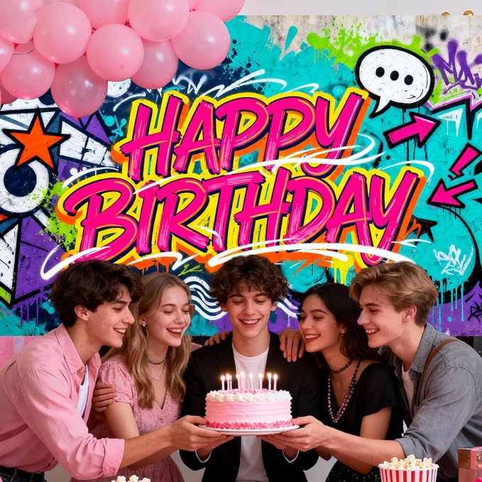 Neon Graffiti Art Happy Birthday Banner, Large Street Art Backdrop for Teen Adult Party Decor