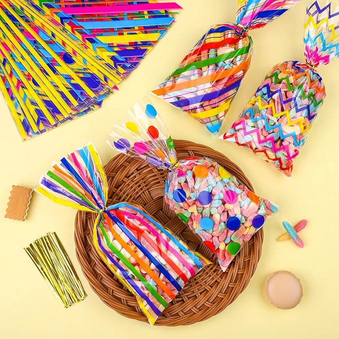 Aodaer 100 Pieces 10.6 x 5.1 In Rainbow Cellophane Bags Plastic Candy Gift Bag Cellophane Treat Bags with Twist Ties Stripes Polka Dot Printed Pattern Goodie Bag for Birthday Weddings Party Favors