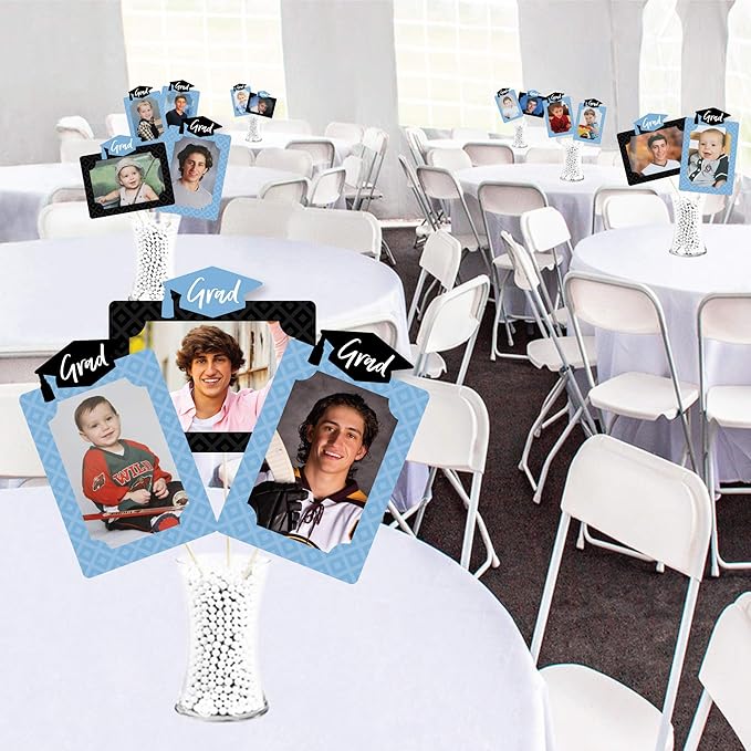Big Dot of Happiness Light Blue Graduation Photo Display Centerpiece Kit - 15 Double-Sided Photo Table Topper Sticks, Vertical and Horizontal 4x6 Picture Holders, DIY Party Decoration Set