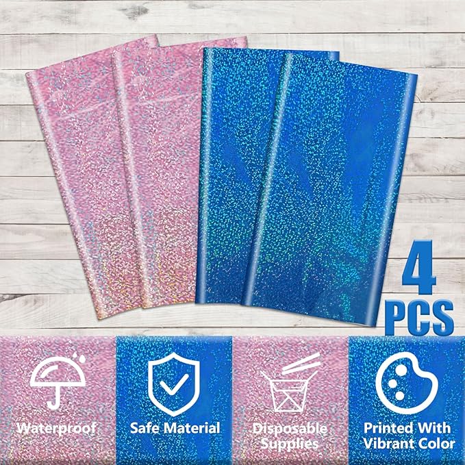 2Pcs Pink & 2Pcs Blue Holographic Tablecloths Rectangular Pink and Blue Iridescent Shimmer Metallic Table Covers for Baby Shower Gender Reveal Decorations Boy or Girl Birthday Supplies, 54 x 108inch