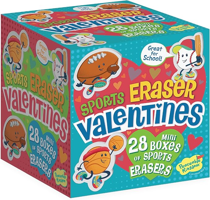 Peaceable Kingdom Valentines Box for Kids, Valentines Day Box Kit for Valentines Cards for Kids Classroom - Sports Eraser Valentines