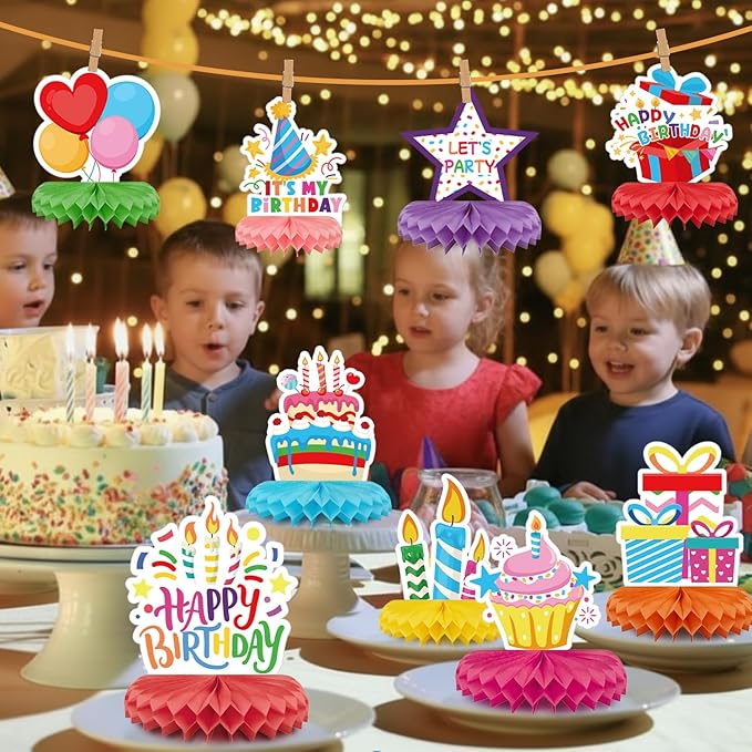 9 Pieces Birthday Table Decorations, Happy Birthday Decorations & Table Centerpieces for Kids Party Supplies, Colorful Honeycomb Table Toppers for Birthday Party