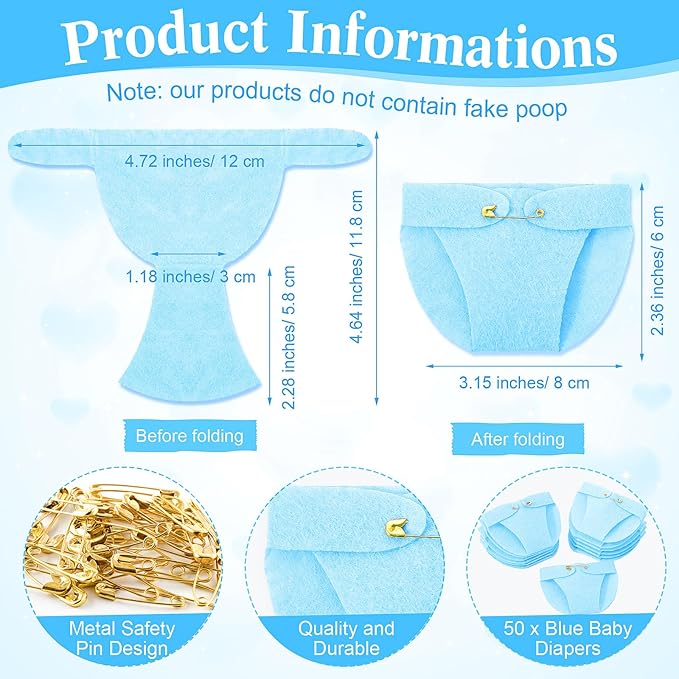 Roowest 51 Pcs Dirty Diaper Baby Shower Games Funny Wooden Sign with 50 Pcs Mini Diapers Cute Felt for Gender Reveal Party Baby Shower (Blue Cowboy)