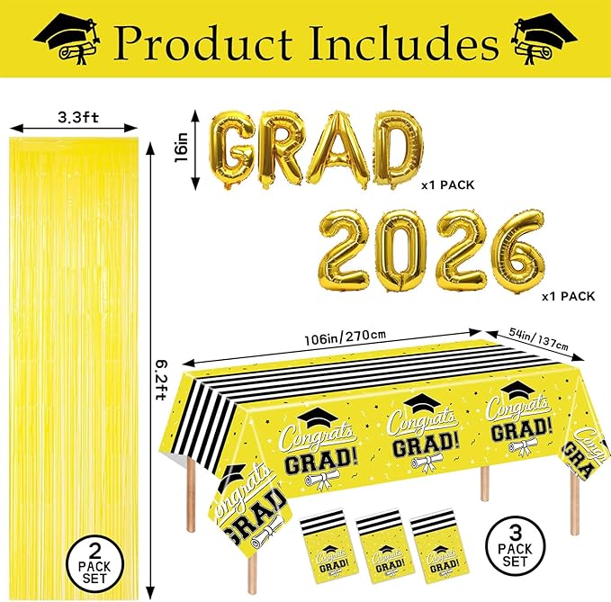 7-Pack Graduation Party Decorations Set, 3 Yellow Graduation Tablecloths 54x108in, 2026 and Grad Balloons, 2 Foil Fringe Curtains for High School College Graduation Party Photo Booth