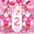 2nd Birthday Decorations for Girls, Hot Pink Balloons with Happy Birthday Banner, Fringe Curtain, Cake Topper, Glue, Ribbon