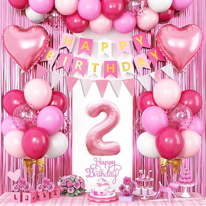 2nd Birthday Decorations for Girls, Hot Pink Balloons with Happy Birthday Banner, Fringe Curtain, Cake Topper, Glue, Ribbon
