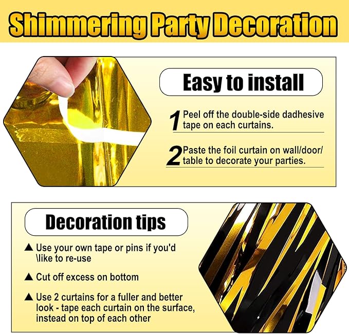 3 Pack Black Gold Foil Fringe Curtain Backdrop, 3.28Ft x 6.6Ft Metallic Tinsel Foil Fringe Streamer Curtains for Photo Booth, Christmas Day, Thanksgiving, Wedding, New Year Party Decorations
