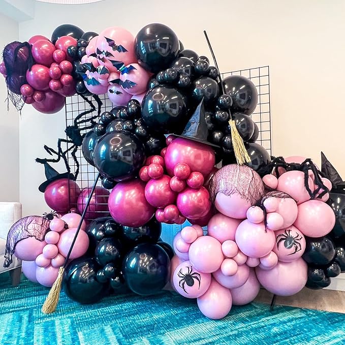 Halloween Balloon Arch Garland Kit, Black Pink Witch Halloween Balloons with Spider & Bat Decor, Metallic Fuchsia Pastel Goth Spooky Balloon for halloween Party Home Garden Outdoor Party Decorations