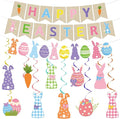 Happy Easter Banner Decorations - 13 Pcs Colorful Pre-strung Bunny Egg Banners Garland Hanging Swirls Set Spring Party Supplies Favors for Home Office Inside Fireplace Wall Ceiling Decor