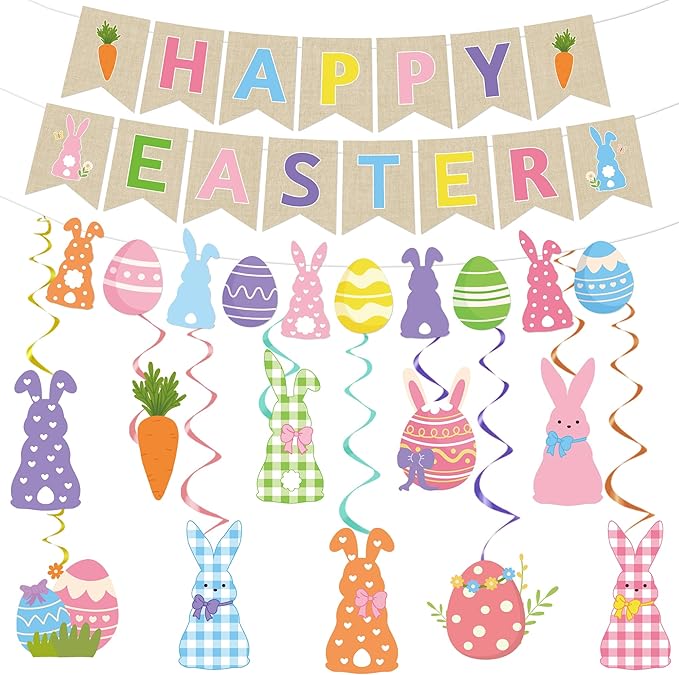 Happy Easter Banner Decorations - 13 Pcs Colorful Pre-strung Bunny Egg Banners Garland Hanging Swirls Set Spring Party Supplies Favors for Home Office Inside Fireplace Wall Ceiling Decor