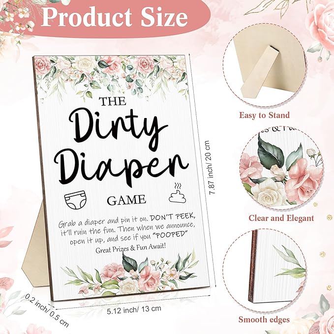 Roowest 51 Pcs Dirty Diaper Baby Shower Games Funny Wooden Sign with 50 Pcs Mini Diapers Cute Felt for Gender Reveal Party Baby Shower(Pink Flower)